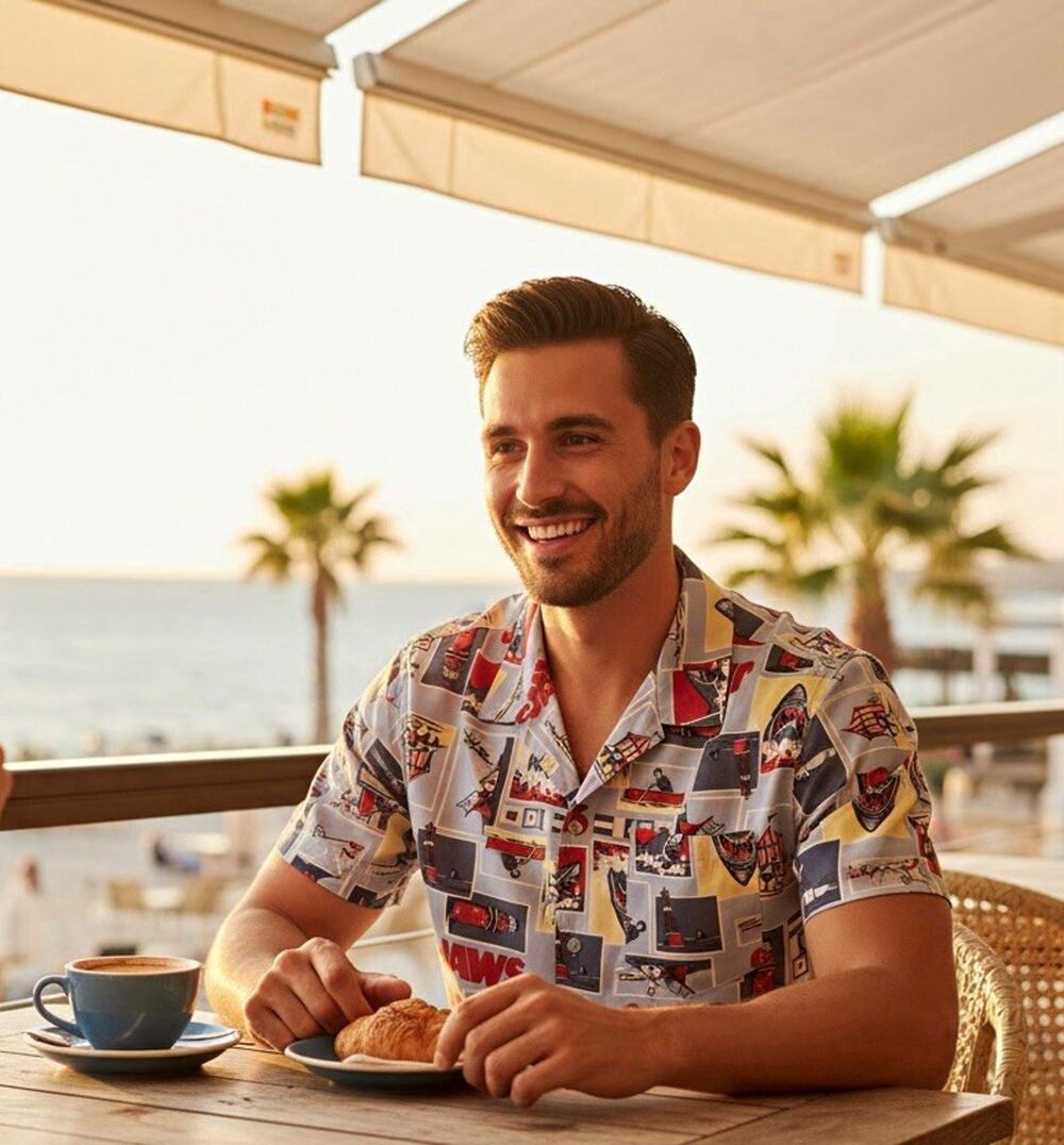 Universal Studios Jaws Shark All Over Print Rayon Button Up Shirt Blue Size M